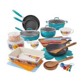 Brilliant Blooms 38-Piece Cookware Set, Teal